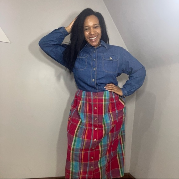 Vintage Red Plaid Denim Long Sleeve Maxi Dress Country Southern Preppy Modest - Picture 5 of 14